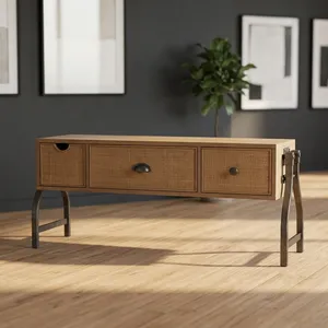 Meuble TV en bois et fer, petit modèle avec trois tiroirs frontaux en rotin, console multimédia de style industriel pour salon - Product Image 1