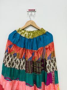 Women's Bohemian Patchwork Silk <b>Skirt</b> Handmade Elastic Waist Ruffles Floor-Length Color Blocked A-Line Summer Dress Style - Product Image 2