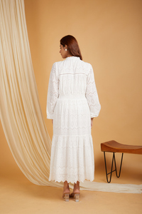 Custom Summer White Eyelet Embroidered Midi <b>Dress</b> V-Neck Puff Sleeve Smocked Waist Tiered Hem Cotton Boho Casual <b>Dress</b> For Women - Product Image 4