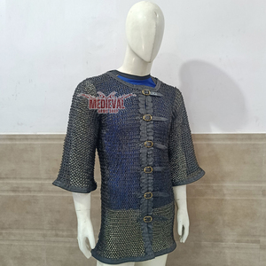 Mild Steel <b>Chainmail</b> <b>Shirt</b> with Leather Trim Flat Riveted with Washer Ring Full Sleeve Hauberk Armor for Adult Knight Costume - Product Image 2