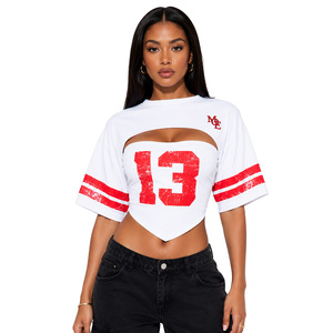 Maillot de football blanc découpé pour femme, numéro 13 et rayures, haut à manches courtes col rond, printemps-été, logo personnalisé - Product Image 1
