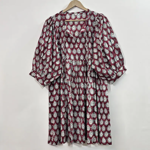 Vestido Midi Casual para Mujer, 100% Algodón Tejido, Estampado Floral, Liso, Mangas Abullonadas, Cintura Imperio, Estilo Babydoll, Cuello en V, Talla Grande - Product Image 2