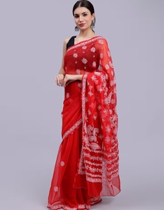 KV Hand Embroidered Lucknowi Chikankari <b>Red</b> Georgette Saree With Unstitched <b>Blouse</b> - Product Image 4