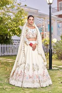 Ensemble Lehenga Choli Dupatta brodé crème pour femme, tenue de mariage en soie, robe ethnique vintage - Product Image 4