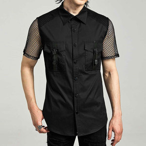 Top Selling Men's Gothic Dark Black Short Sleeve <b>Shirt</b> with Mesh Spliced Accents and Cargo Pockets - Product Image 1