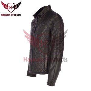 Blouson matelassé en cuir véritable marron pour homme, col montant, avec boucle, style motard, en cuir de vachette, classique, personnalisé, pour l'hiver - Product Image 3