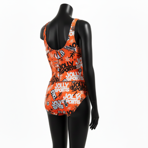 Tissu extensible en polyester et élasthanne de qualité supérieure, imprimé intégral orange vif, avec logo personnalisé par sublimation, pour maillot de bain femme. - Product Image 3