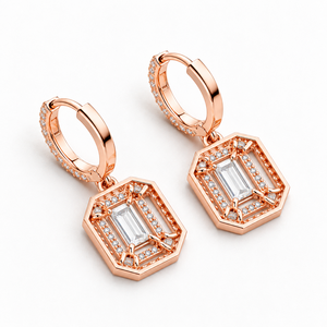 Rose Gold Plated Moissanite Drop <b>Earrings</b> Emerald Cut Geometric Halo Luxury Wedding Jewelry Women's - Product Image 3