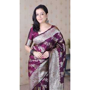 Sari Banarasi Jaal Meenakari Zari Tejido para Mujer con Seda Suave Color Vino, Blusa y Camisa Elegantes y Lujosas - Product Image 3