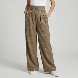 Pantalon large à taille haute pour femme, à carreaux, plissé, coupe ample, longueur intégrale, en laine et polyester, décontracté, pour l'automne - Product Image 1