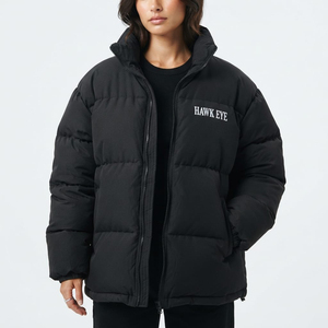 <b>Women's</b> <b>Black</b> Quilted Puffer Jacket Stand Collar Full Zip <b>Winter</b> Warm <b>Coat</b> Regular Fit Solid Color Custom Logo Front - Product Image 4