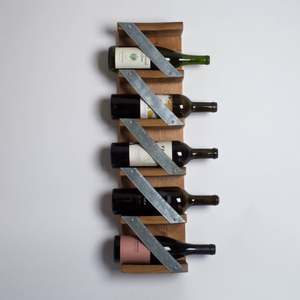 Porte-vin en bois avec supports en acier, capacité de 5 bouteilles, design minimaliste, meuble de présentation pour la maison, porte-vin géométrique - Product Image 1