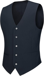 Costume 3 pièces pour homme, style britannique, bleu foncé, tenue de cérémonie, avec gilet et cravate, matière polyester anti-plis - Product Image 2