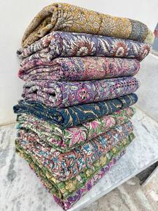 Handmade Cotton Kantha <b>Quilt</b> with Traditional Block Print Design, Soft Hand Stitched <b>Bedspread</b> for Home Decor - Product Image 6