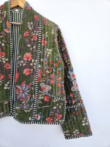 Blazer acolchado de terciopelo con estampado floral para mujer, cuello mandarín, manga larga, ropa de abrigo de otoño, regalo para ella - Product Image 3