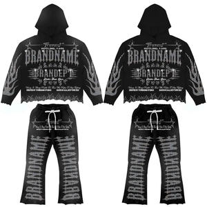 Ensemble de survêtement délavé pour homme, sweat à capuche épais et pantalon de jogging brodé, style streetwear vintage, mode décontractée, deux pièces - Product Image 5