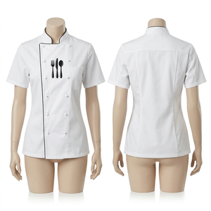 220GSM Poly Cotton Women Chef Uniform Black Contrast Piping Embroidered Logo Tailored Fit <b>Kitchen</b> Coat <b>Kitchen</b> Wear Chef Uniform - Product Image 2