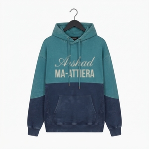 Men Teal <b>Navy</b> Colorblock Hoodie With Oversized Script Graphic Contrast Sleeves Kangaroo Pocket Custom Streetwear <b>Sweatshirt</b> - Product Image 4