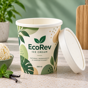 ถ้วยไอศกรีม EcoRev ขนาด 500 มล. ย่อยสลายได้ ทำจากกระดาษคราฟท์ พิมพ์ลายใบไม้ด้วยระบบดิจิทัล บรรจุภัณฑ์อาหารแบบผนังเดียว - Product Image 2