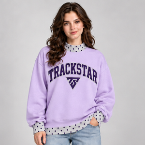 Sudadera de cuello alto color lavanda para mujer con ribete de lunares lavanda pálido y gráfico universitario, jersey de manga larga, OEM personalizado - Product Image 1