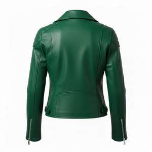 Blouson de moto en cuir vert style classique pour femme – Vente en gros personnalisée, prix usine, style motard authentique, teinture unie tendance - Product Image 3