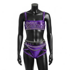 Conjunto de Bikini para Mujer, 230 GSM, Poliéster y Spandex, Diseño con Tiras y Pedrería Morada, Logotipo Personalizado con Pedrería Hotfix - Product Image 6