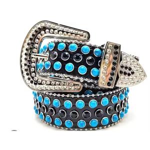 Ceinture en cuir véritable 100% de haute qualité avec design personnalisé de perles bleues, boucle en alliage d'acier inoxydable, haute résistance, écologique, tendance pour hommes - Product Image 1