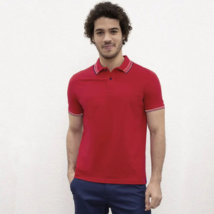 Polo Negro Ajustado para Hombre con Ribete en Contraste Rojo, Manga Corta, Informal, Tejido, Color Sólido - Product Image 6