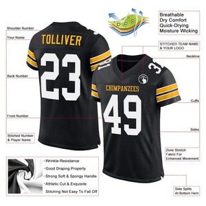 Maillot de football personnalisé noir, blanc et or en maille respirante, extensible dans quatre directions, pour l'entraînement des équipes de football américain - Product Image 2