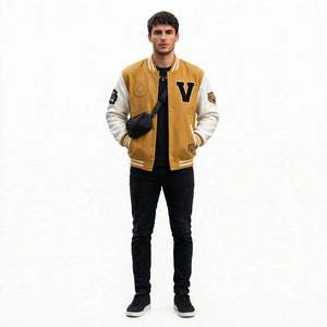 Whiteaura International <b>Men's</b> Yellow <b>Suede</b> Varsity <b>Jacket</b> Embroidered Letter V Patches Regular Fit Turn-down Collar Button - Product Image 1