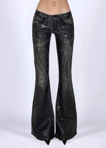 Pantalon décontracté pour homme en cuir noir délavé, coupe évasée, taille mi-haute, fermeture boutonnée, avec décoration effet usé, pour l'automne - Product Image 3