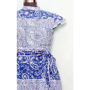 Summer Maxi Dress Short Sleeves Multi Color Cotton Belt Modest Vibe with belt Neck Tie-Front Drift Digital Printed Sweet Natural - Product Image 4