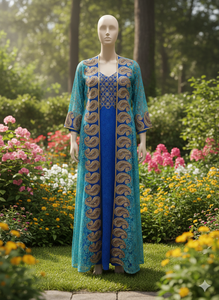 Exquisito Vestido Anarkali Azul Rey Bordado con Abrigo de Encaje Transparente Turquesa – Ropa Étnica Elegante para Ocasiones Formales - Product Image 3