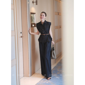 Q8203 HAGOO Luxury Wide Leg <b>Loose</b> Fit Breathable <b>Trousers</b> with 2 Pleats <b>Women</b> Pants Wholesale - Product Image 4