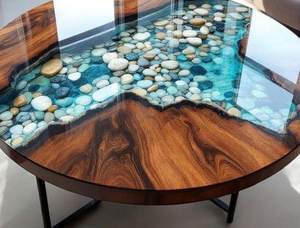 Mesa de Comedor/Mesa de Centro Redonda Personalizada al por Mayor con Tapa de Madera y Resina Epoxi - Product Image 5