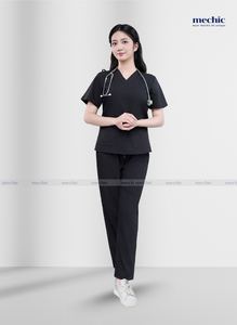 Conjunto de Uniforme Médico para Mujer, Cuello en V, Color Negro, Manga Corta, Pantalones de Poliéster y Rayón, Tejido - Product Image 3