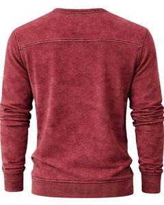 Sweat-shirt Henley à manches longues pour homme, délavé à l'acide, rouge bordeaux, col boutonné, style décontracté avec poche, vêtement d'hiver en coton, coupe ajustée - Product Image 2