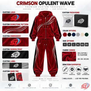 Conjunto de Sudadera y Pantalones de Terciopelo Velour Personalizado de 280 GSM con Pedrería de Cristal, Color Carmesí Opulento, Estilo Urbano OEM - Product Image 4