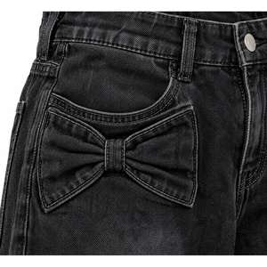 Jean en denim taille mi-haute à jambe large pour femme avec poches à nœuds – Noir délavé coupe ample Tailles XS-6XL - Product Image 4