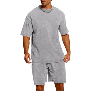 Men's Acid Wash Short <b>Sets</b> Cotton 2 Piece Outfits Tracksuit Summer Oversized Vintage Matching Shirt And Shorts <b>Set</b> - Product Image 1