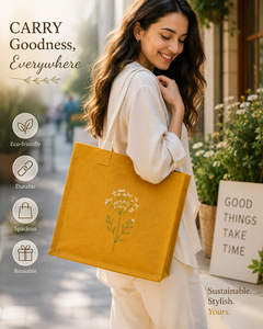 Sac fourre-tout en jute jaune avec fleurs brodées, grande taille, sac de shopping à porter à la main - Product Image 4
