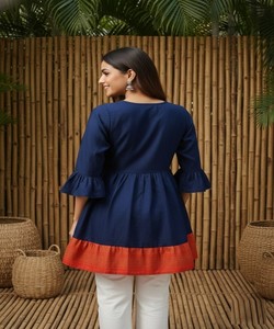 เสื้อคุर्ติผ้าฝ้ายทันสมัยสีพื้นเรียบ ใส่ได้ทุกวัน แห้งเร็ว มีสินค้าพร้อมส่ง ราคาขายส่ง เสื้อผ้าชาติพันธุ์ สีน้ำเงิน - Product Image 6