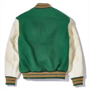 Veste de sport verte pour homme avec manches crème, fermeture éclair, col rabattable, vêtement décontracté d'automne - Product Image 4