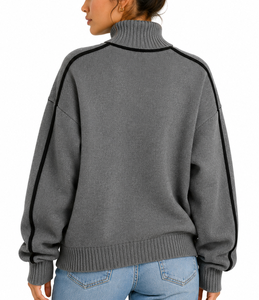 Sudadera de cuello alto grueso para mujer, estilo oversize, con mangas raglán, ribete negro y dobladillo acanalado, jersey de punto, fabricante OEM - Product Image 4
