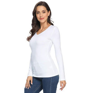 T-shirt à manches longues col en V blanc pour femme, 100% coton tricoté, couleur unie, respirant, coupe ajustée, toutes saisons - Product Image 3