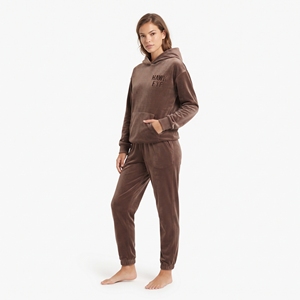 Ensemble de survêtement deux pièces en velours personnalisé pour femme, vente en gros, sweat à capuche coupe classique, pantalon de jogging avec poche kangourou, tenue décontractée d'hiver - Product Image 3