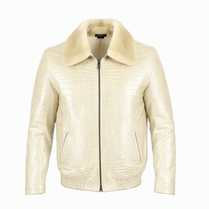 <b>Men's</b> Embossed PU Leather <b>Bomber</b> <b>Jacket</b> With Faux Fur Collar Zipper Closure Moto Biker Style Winter Coat - Product Image 5