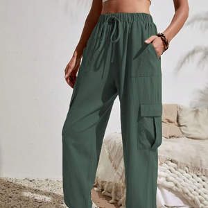 HANO 2024 Nuevos Pantalones de Lona para Mujer con Costuras Decorativas, Cintura Media Elástica, Cordones, Estilo Cargo de Pierna Recta, Ajuste Holgado - Product Image 1