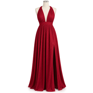 Burgundy Deep V Neck Maxi <b>Dress</b> for Women with Side Slit | Flowy Sleeveless Long Gown for Wedding Party Evening Occasion Wear - Product Image 1