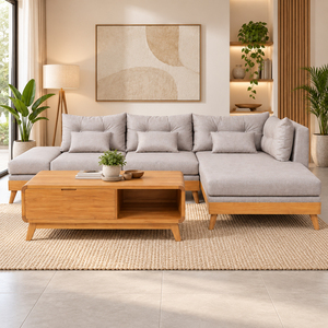 Juego de Sofás Seccionales de Teca Arunika en Forma de L, con Cojines Tapizados y Mesa de Centro, para Uso en Hoteles, Villas y Resorts - Product Image 5